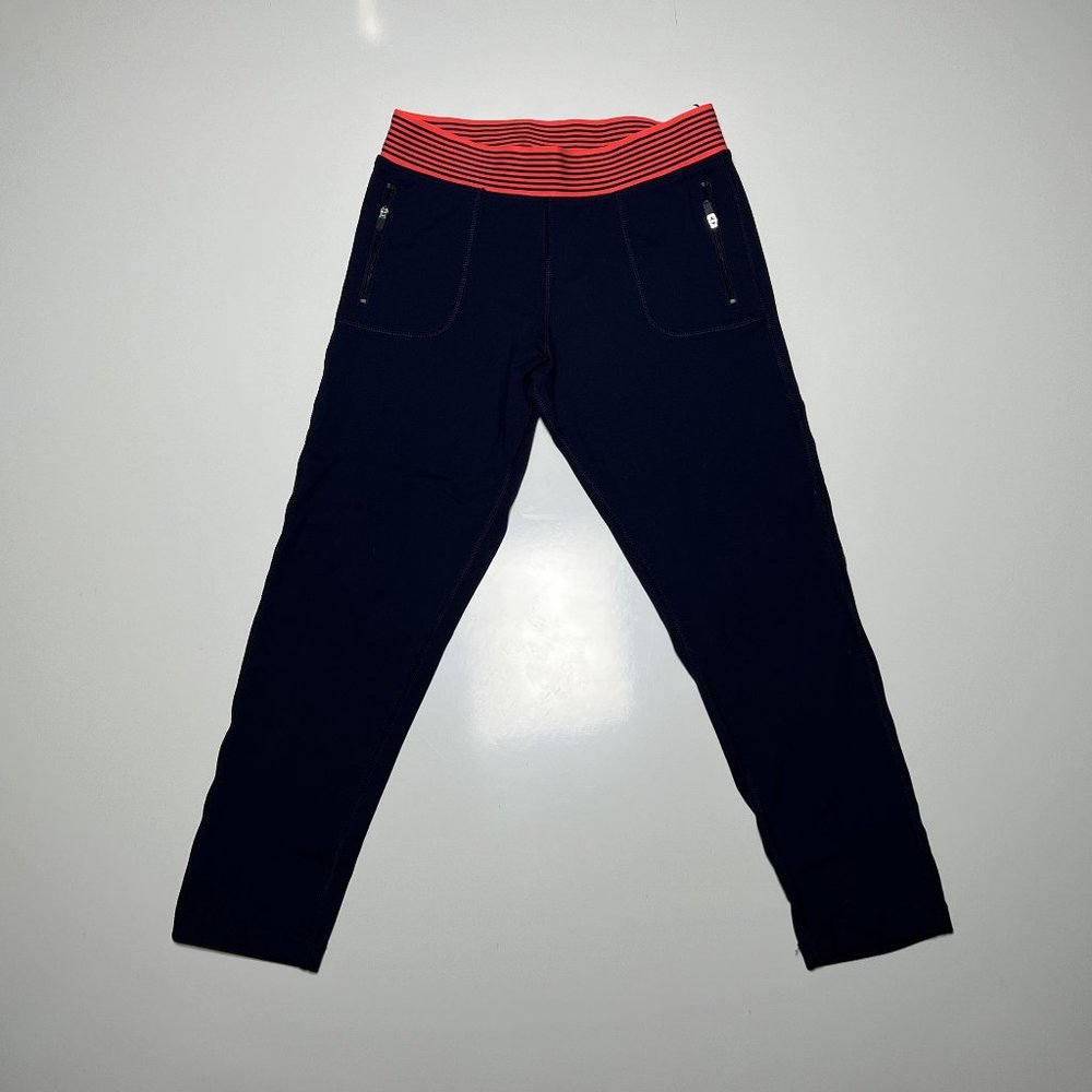 Lorna Jane Navy and Orange Striped Tight Yoga Active Pants Womens Size S